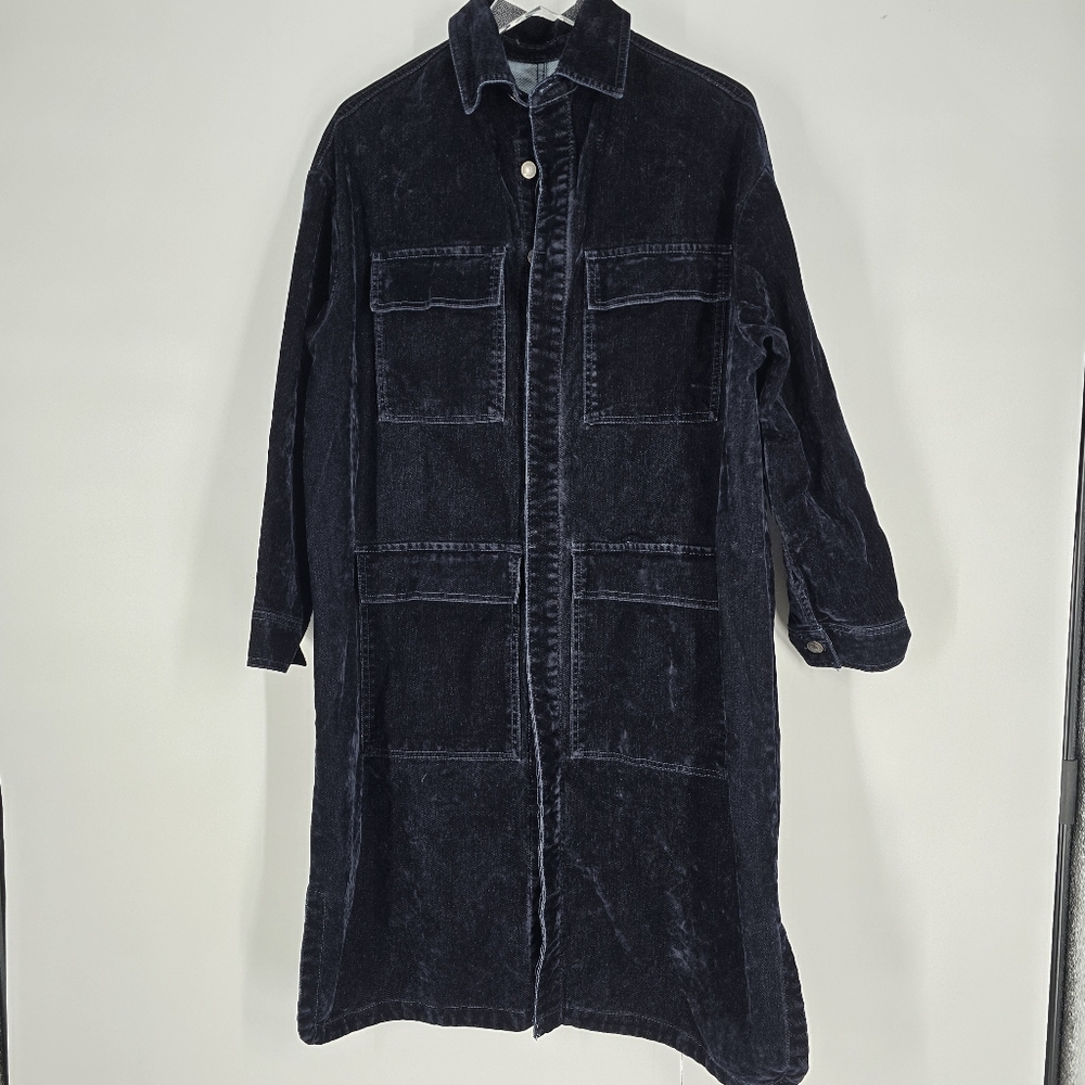 Zara Blue Velvet Oversized Long Jacket Frock Overcoat Button Down Size XS S